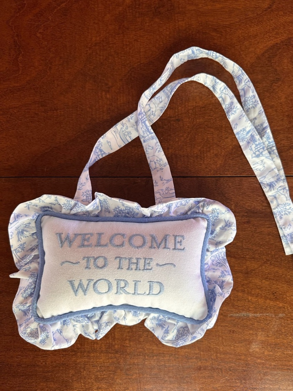Baby Boy “Welcome to the World” Embroidered Pillow Door Bassinet Hanger Decor